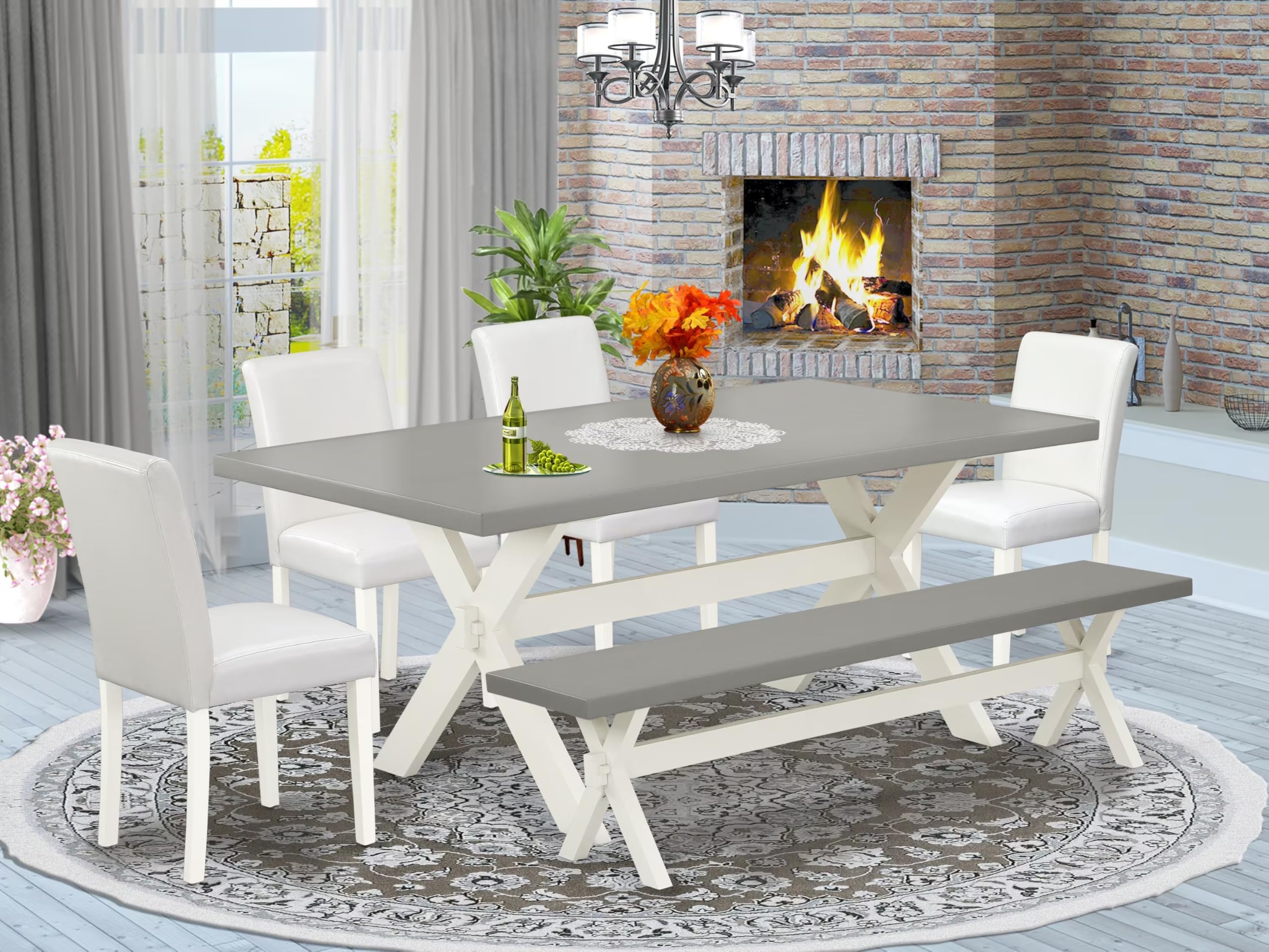 East West Furniture X097Ab264-6 6 Piece Modern Dining Table Set Contains A Rectangle Wooden Table With X-Legs And 4 White Faux Leather Parson Chairs With A Bench, 40X72 Inch, Multi-Color